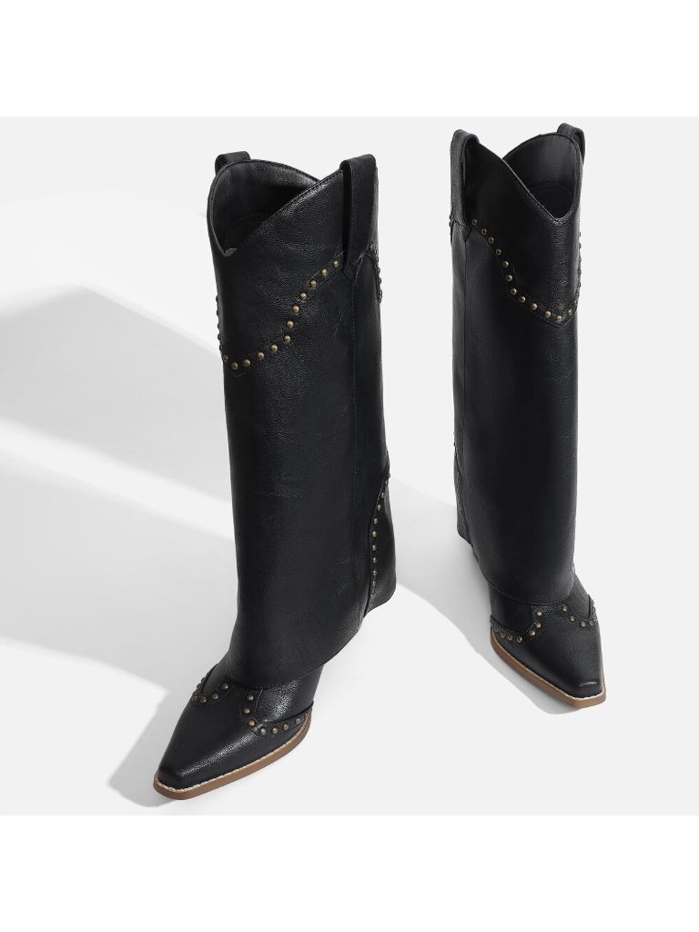 Women's Black Shark Boots Knee High Cowboy Cowgirl Fold Over Chunky Heel - Picture 4 of 6